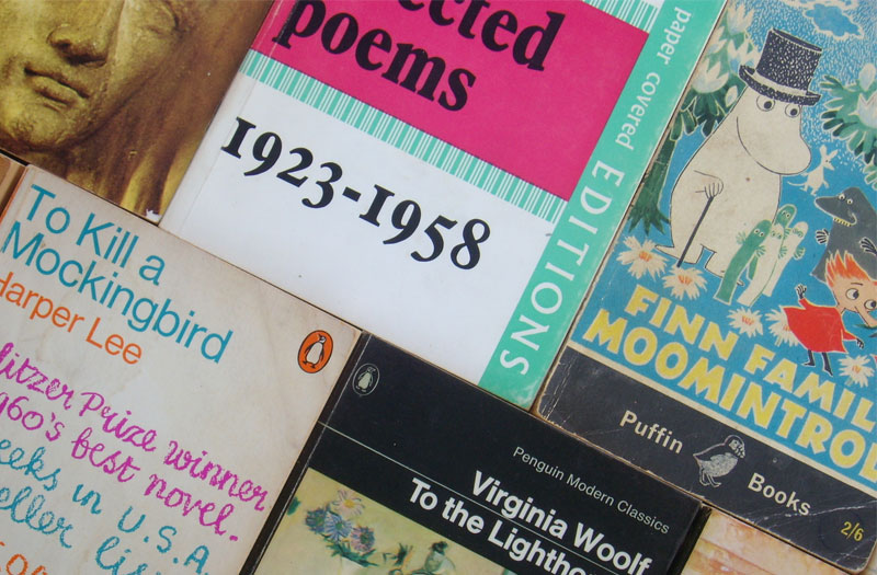 The colourful covers of books I've stolen from my parents, including Selected Poems by e.e. cummings, To Kill a Mockingbird by Harper Lee, To the Lighthouse by Virginia Woolf and Finn Family Moomintroll by Tove Jansson 