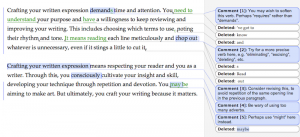 The image shows the same two paragraphs marked up in track changes. Words that have been added or changed appear in green with underlining. Deleted words are indicated in boxes in the right-hand margin. Some of the words in the paragraphs are highlighted in blue. They are attached to blue boxes in the right-hand margin that contain comments. One example of a comment is "You may wish to soften this verb. Perhaps 'requires' rather than 'demands'."